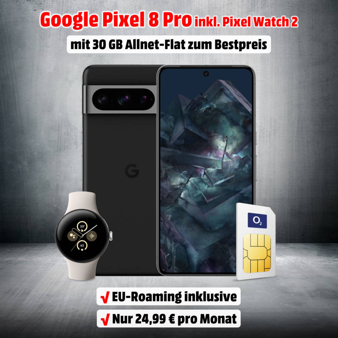 Google Pixel 8 Pro mit Vertrag inkl. Pixel Watch 2 WiFi und 30GB Allnet-Flat im Netz von o2