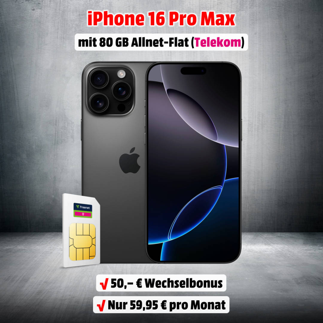 Apple iPhone 16 Pro Max mit Vertrag inkl. 80 GB Allnet-Flat im besten D-Netz der Telekom