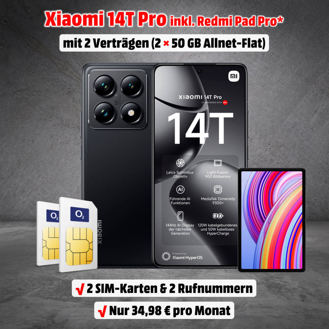 Xiaomi 14T Pro mit Vertrag und gratis Xiaomi Redmi Pad Pro nach Registrierung