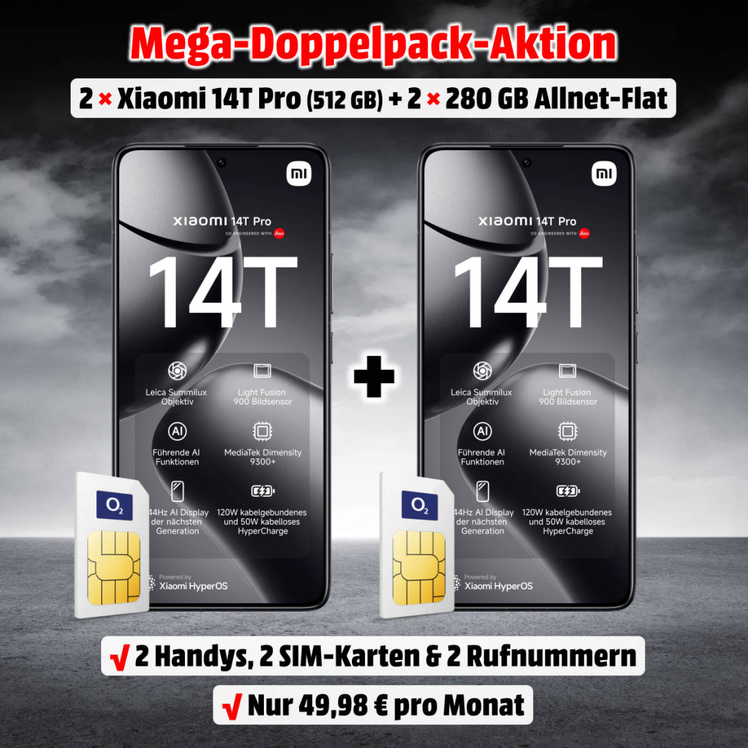 2x Xiaomi 14T Pro mit Vertrag bestehend aus 2x 280 GB Allnet-Flat im Netz von o2