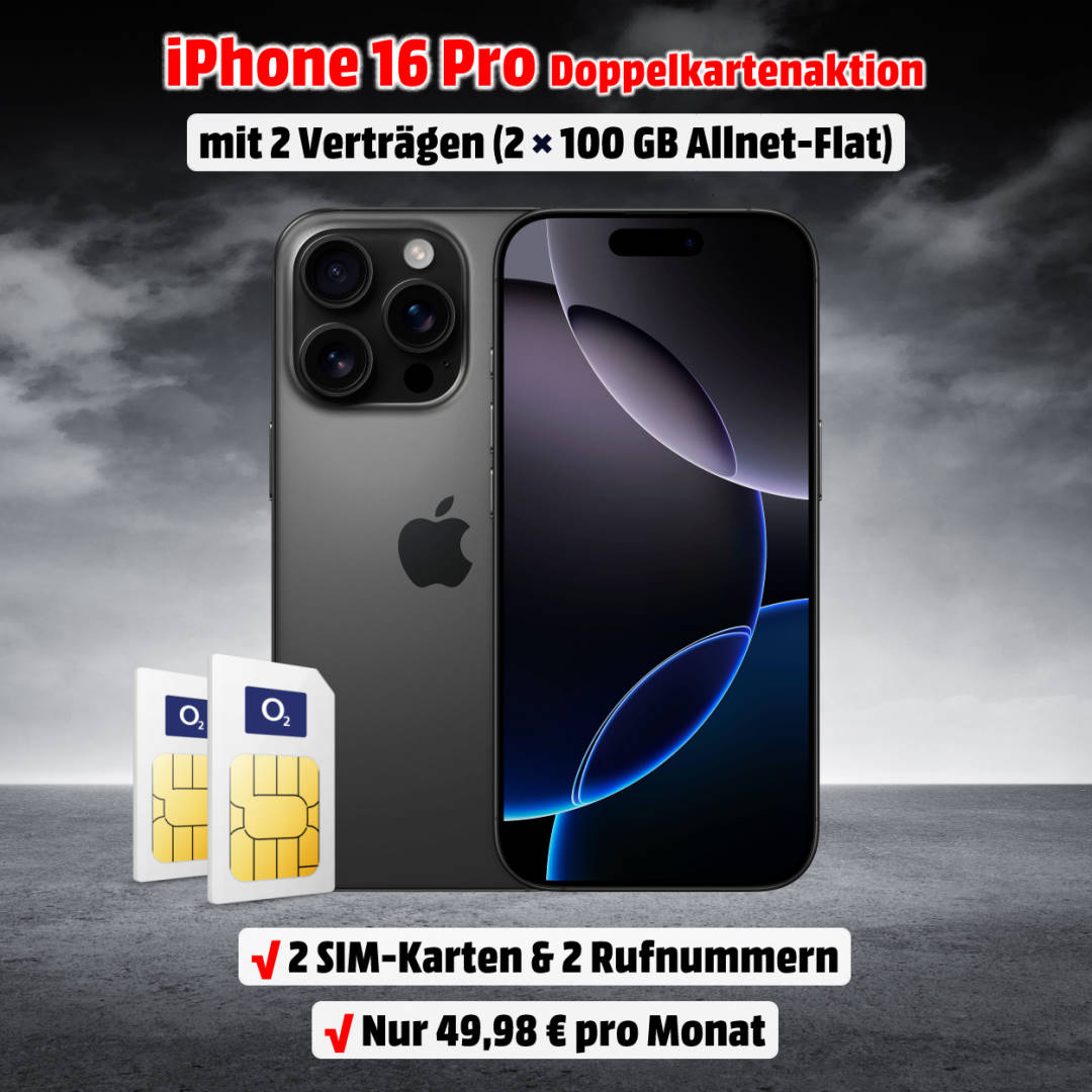 Apple iPhone 16 Pro mit Vertrag - Doppelkartenaktion mit 2 x 100 GB Allnet-Flat im Netz von o2