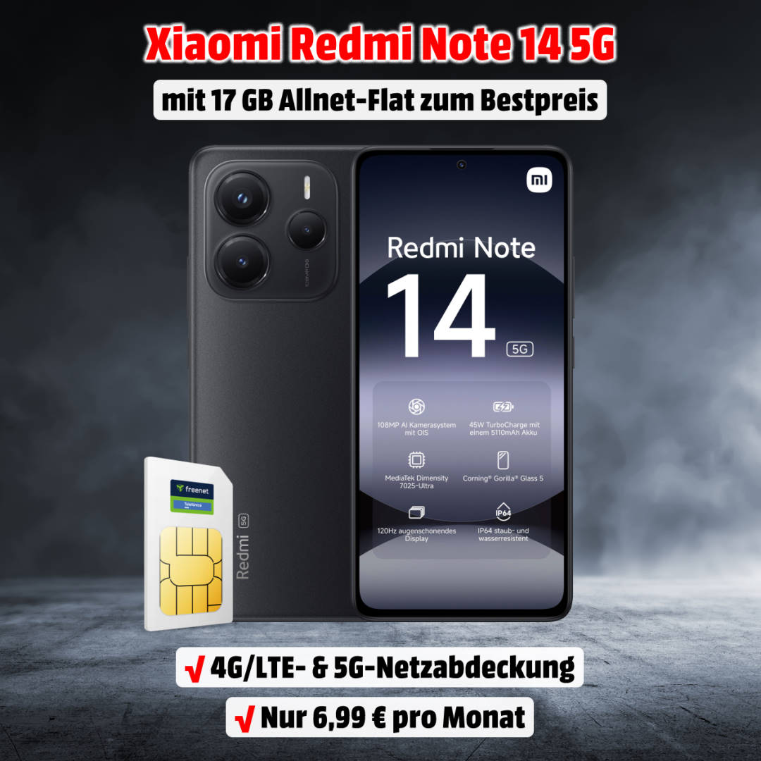 Xiaomi Redmi Note 14 5G mit Vertrag inkl. 17 GB Allnet-Flat im o2-Netz